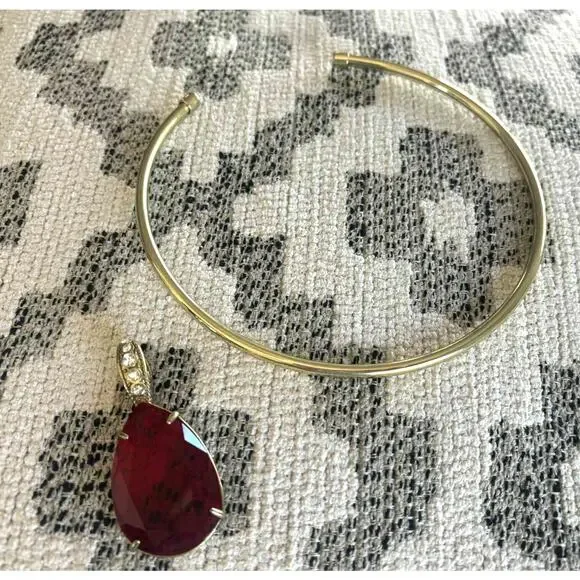 Heidi Daus Red Ruby Tear Drop w/Gold Collar Enhancer Choker Necklace Gold Tone - Picture 5 of 6